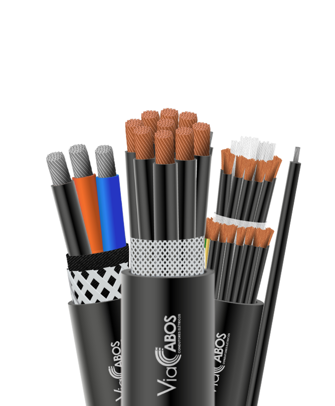 Conjunto de cabos de uso móvel ViaCabos com diferentes configurações: modelo com veias coloridas, versão com via verde/amarela (V/A) para aterramento, e cabos com blindagem têxtil ou malha quadriculada. Condutores de cobre flexível, isolação em HEPR ou PVC e cobertura resistente para aplicações com movimentação constante. Ideais para pontes rolantes, guindastes, portos, e ambientes industriais severos.