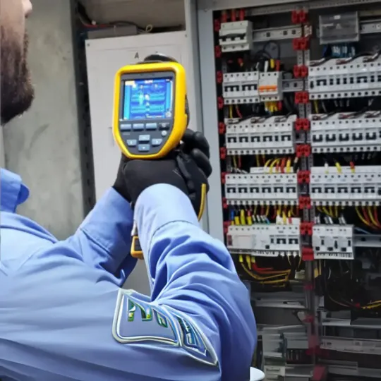Técnico utilizando câmera termográfica para inspeção de painel elétrico industrial, identificando aquecimentos e prevenindo falhas como parte da manutenção preventiva