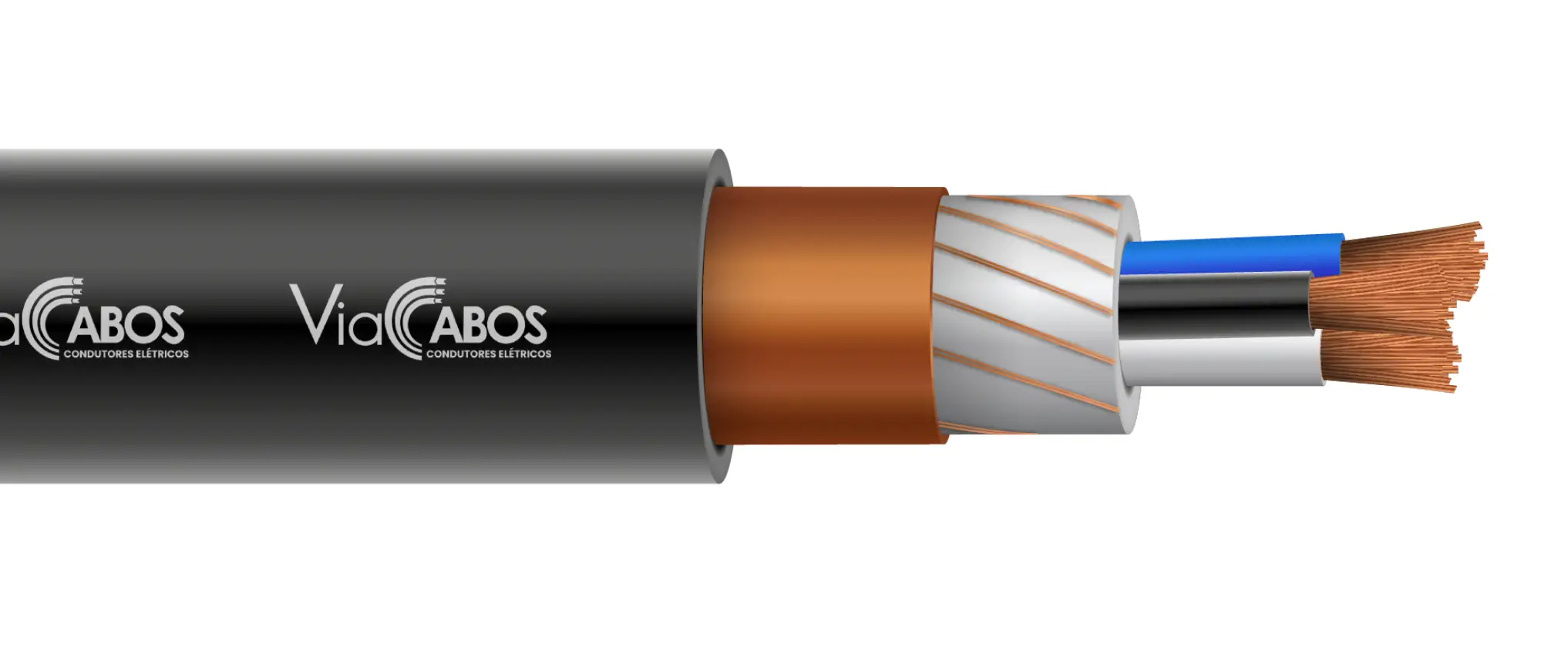 Cabo de energia neutro concêntrico ViaCabos com condutores de cobre eletrolítico, isolação termofixa, blindagem metálica concêntrica em fios de cobre e cobertura em PVC. Ideal para redes de distribuição elétrica em baixa tensão, com alta resistência mecânica, durabilidade e proteção contra perdas e intervenções