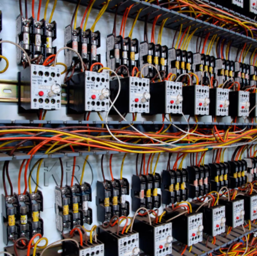 Painel elétrico industrial com relés, disjuntores e cabos organizados, representando a importância de um bom dimensionamento e distribuição dos circuitos para evitar queda de tensão em instalações elétricas.