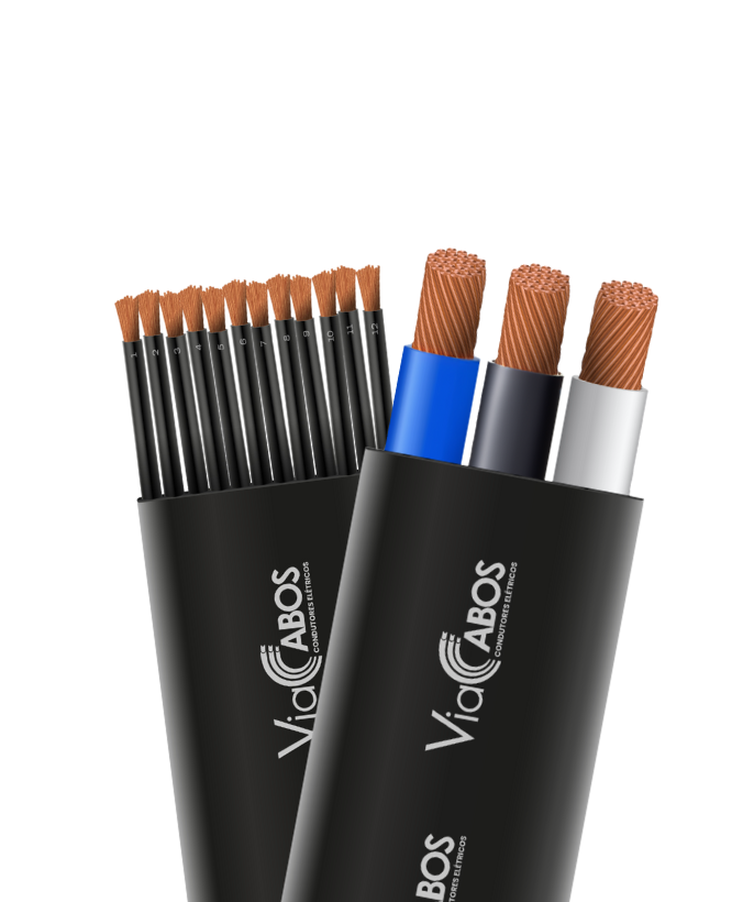 Imagem de cabos chatos ViaCabos com condutores de cobre flexível dispostos paralelamente. Um modelo apresenta veias numeradas para aplicações industriais como pontes rolantes, e outro com veias coloridas para uso em poços artesianos e bombas elétricas. Alta flexibilidade, resistência à umidade e organização eficiente para ambientes com movimentação contínua.