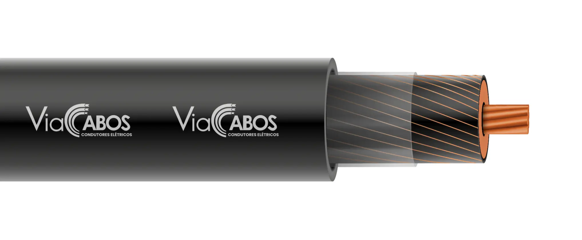 Cabo de potência de média tensão ViaCabos com condutor de cobre nu, isolação EPR com marcação helicoidal, blindagem metálica e cobertura preta em PVC. Projetado para sistemas de distribuição de energia entre 3,6 kV e 36,2 kV, ideal para subestações, instalações industriais e infraestrutura elétrica de alta confiabilidade.