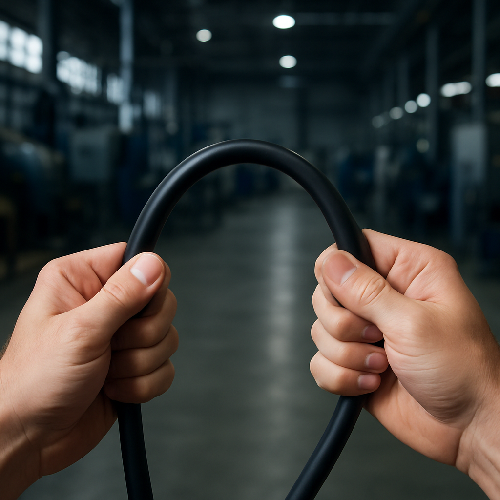 Pessoa demonstrando a flexibilidade de um cabo elétrico em ambiente industrial, destacando a diferença entre cabos flexíveis e rígidos