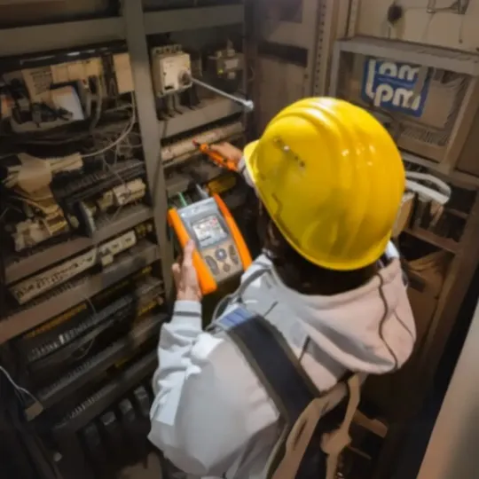 Profissional com capacete realizando medições elétricas em painel industrial usando analisador de energia portátil, representando o uso correto de instrumentos de medição elétrica para diagnóstico e manutenção preventiva.