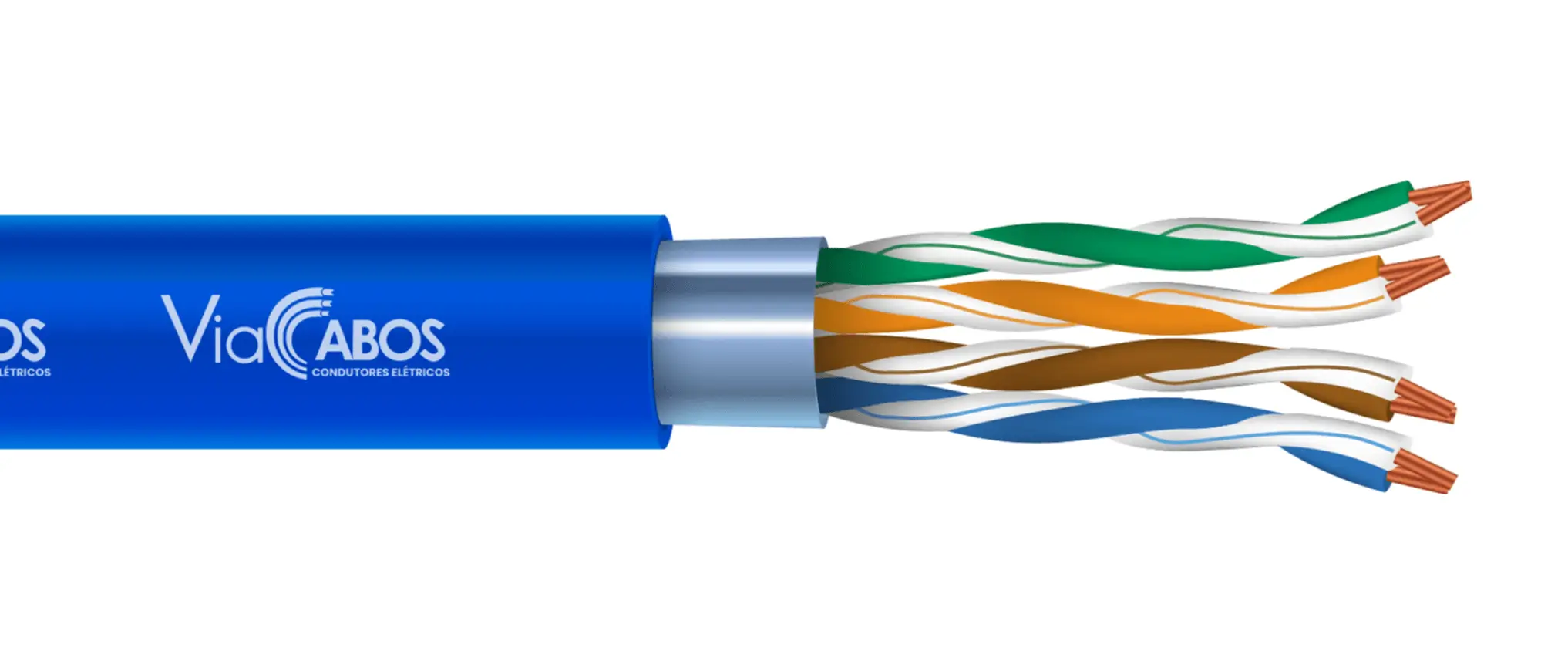Cabo de rede CAT5 com pares trançados e blindagem em fita metálica, indicado para transmissão de dados em redes Ethernet e aplicações de telecomunicação