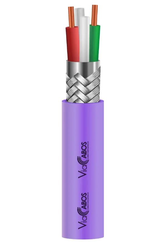 Cabo Profibus com blindagem em malha metálica e capa na cor violeta, ideal para redes de comunicação industrial e sistemas de automação com protocolo DP