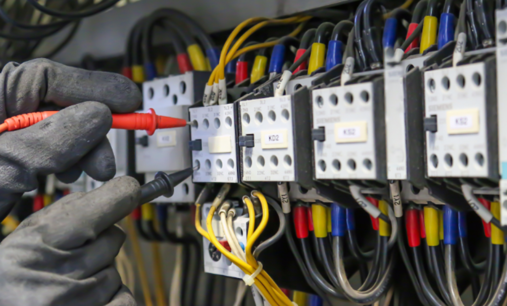 Técnico testando conexões elétricas em painel industrial com multímetro, ilustrando uma das situações críticas que podem causar descargas elétricas em ambientes industriais.