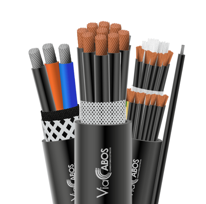 Conjunto de cabos de uso móvel ViaCabos com diferentes configurações: modelo com veias coloridas, versão com via verde/amarela (V/A) para aterramento, e cabos com blindagem têxtil ou malha quadriculada. Condutores de cobre flexível, isolação em HEPR ou PVC e cobertura resistente para aplicações com movimentação constante. Ideais para pontes rolantes, guindastes, portos, e ambientes industriais severos.