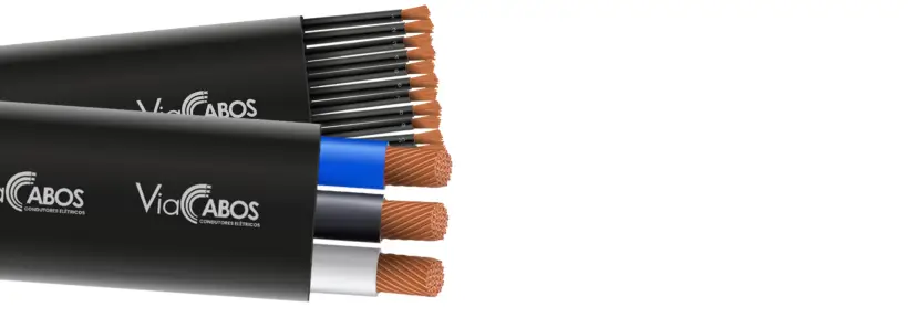 Imagem de cabos chatos ViaCabos com condutores de cobre flexível dispostos paralelamente. Um modelo apresenta veias numeradas para aplicações industriais como pontes rolantes, e outro com veias coloridas para uso em poços artesianos e bombas elétricas. Alta flexibilidade, resistência à umidade e organização eficiente para ambientes com movimentação contínua.