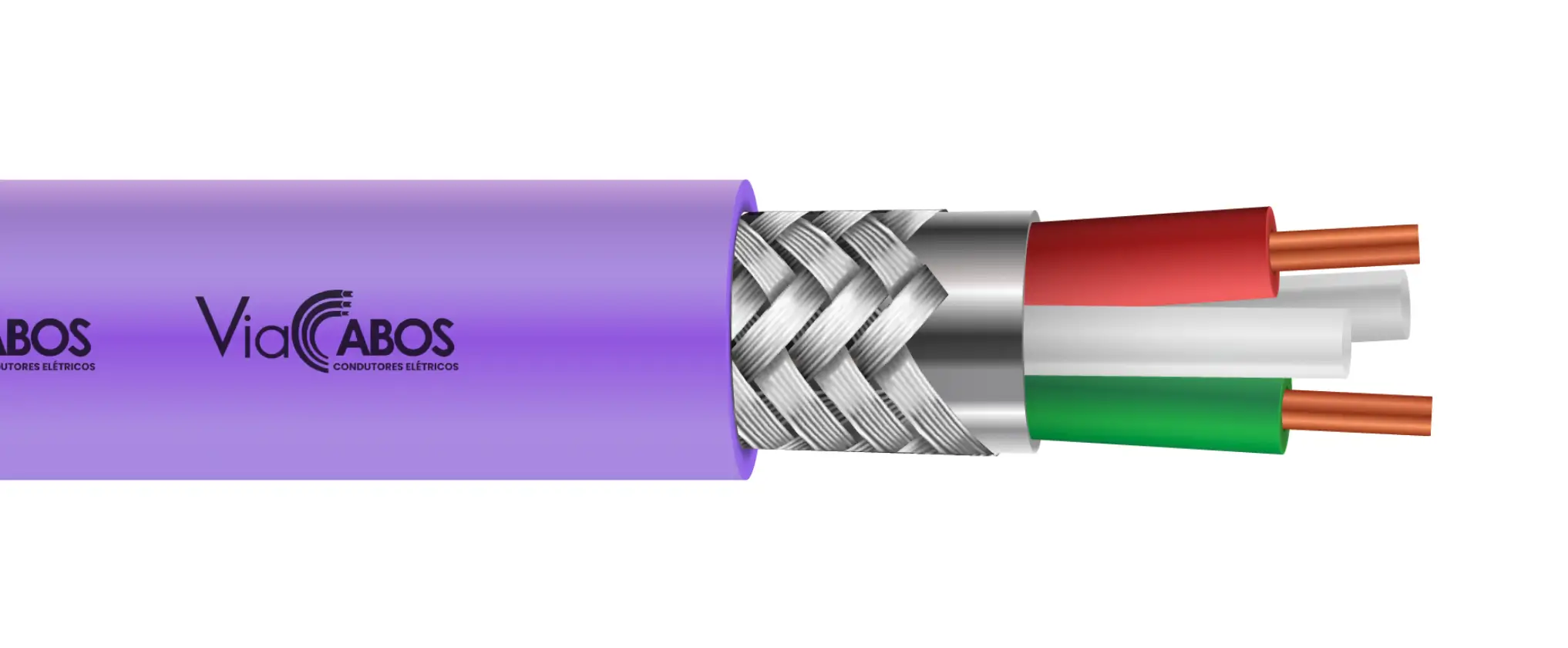 Cabo Profibus com blindagem em malha metálica e capa na cor violeta, ideal para redes de comunicação industrial e sistemas de automação com protocolo DP