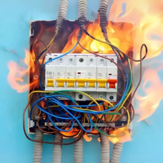 Painel elétrico industrial em chamas devido a curto-circuito ou falha de proteção, representando os efeitos perigosos de uma descarga elétrica em ambientes industriais e a importância da prevenção.