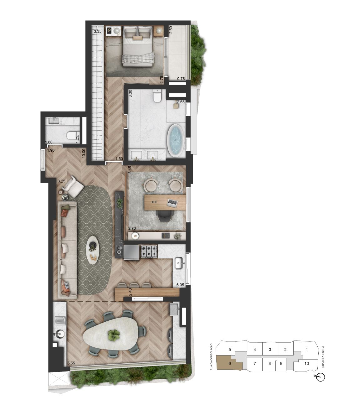 Planta Opção 102 m² | 1 Suíte + Sala Ampliada 