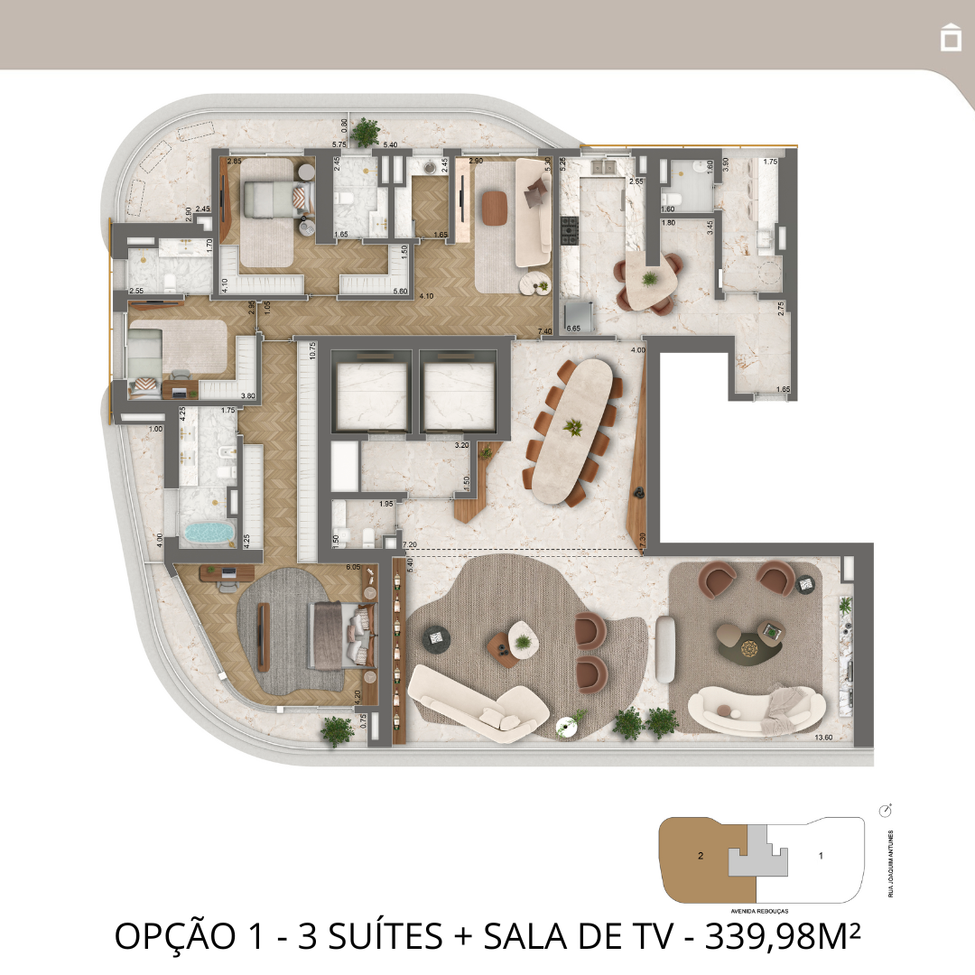 Planta Opção 105 m² | 1 Suíte + Sala Ampliada