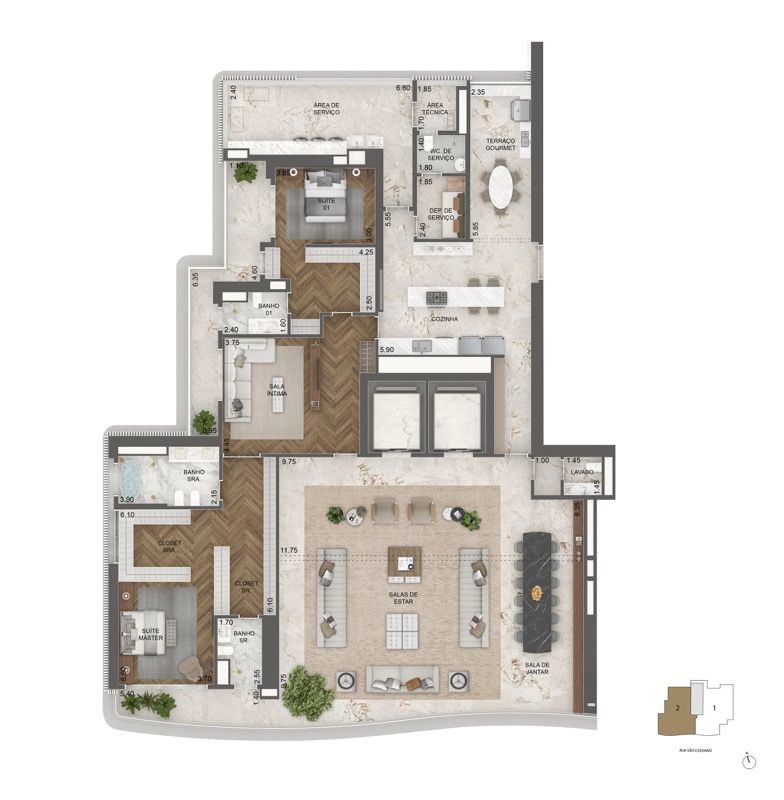 PLANTA OPÇÃO 1 372 M² | 2 SUÍTES + SALA ÍNTIMA E MASTER AMPLIADAS