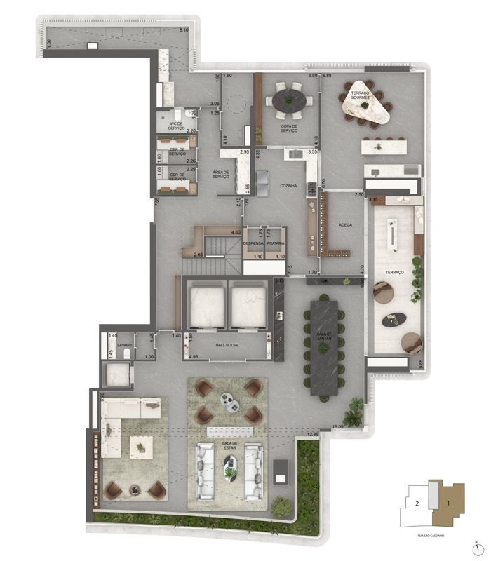PLANTA PADRÃO PENTHOUSE | PAVIMENTO INFERIOR 710 M² | 4 SUÍTES + TERRAÇO ÍNTIMO
