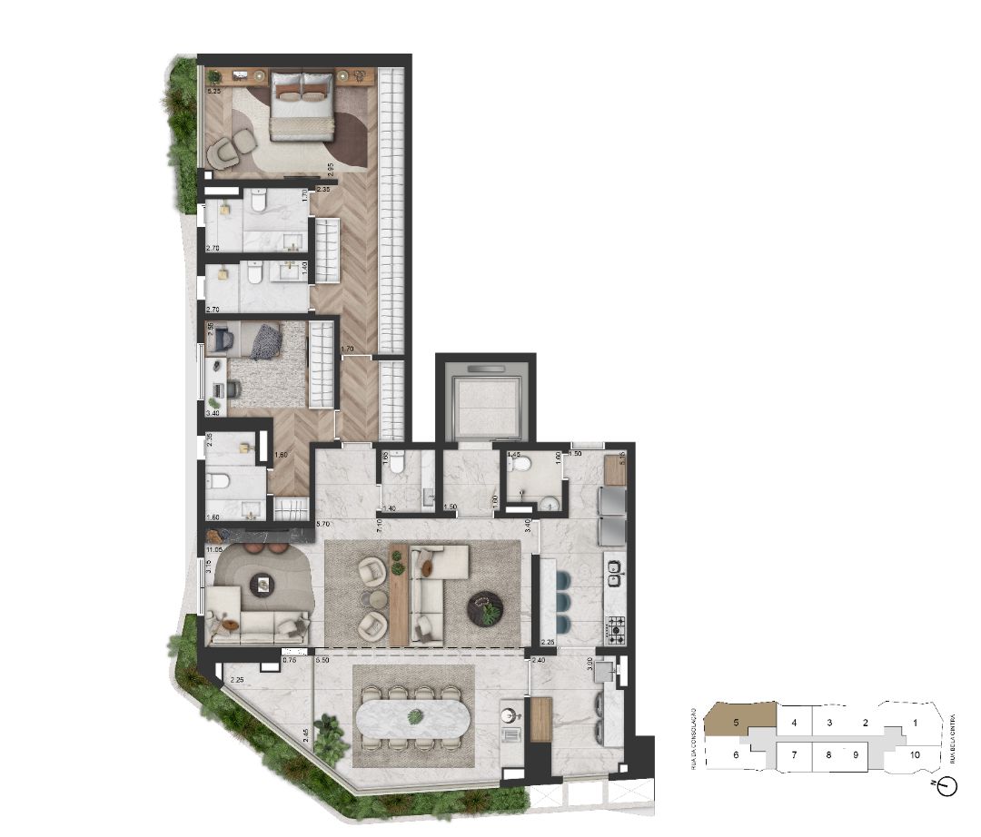 Planta Opção 169 m² | 2 Suítes + Sala Ampliada 