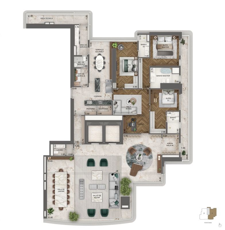 PLANTA OPÇÃO 4 395 M² | 3 SUÍTES + SALA ÍNTIMA + SALA AMPLIADA + ADEGA
