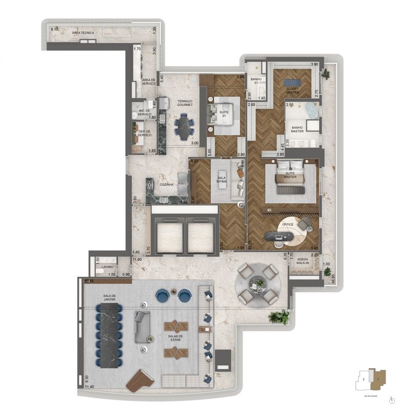PLANTA OPÇÃO 2 395 M² | 2 SUÍTES + SALA AMPLIADA COM ADEGA + HOME OFFICE