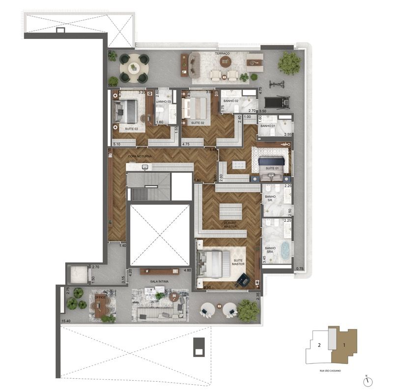 PLANTA PADRÃO PENTHOUSE | PAVIMENTO SUPERIOR 710 M² | 4 SUÍTES + TERRAÇO ÍNTIMO