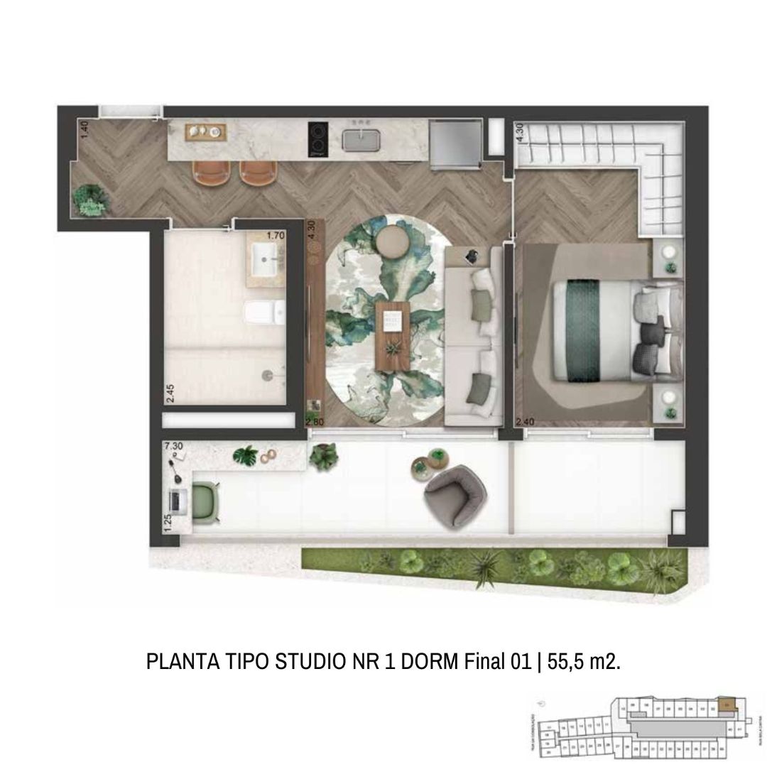Planta Opção 105 m² | 1 Suíte + Sala Ampliada