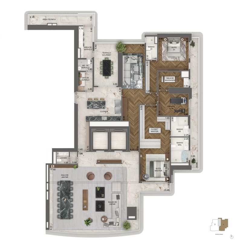 PLANTA OPÇÃO 3 395 M² | 2 SUÍTES + SALA ÍNTIMA + PRIVATE GYM