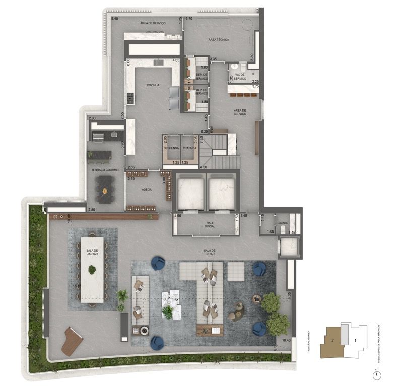 PLANTA PADRÃO PENTHOUSE | PAVIMENTO INFERIOR 708 M² | 4 SUÍTES + TERRAÇO ÍNTIMO