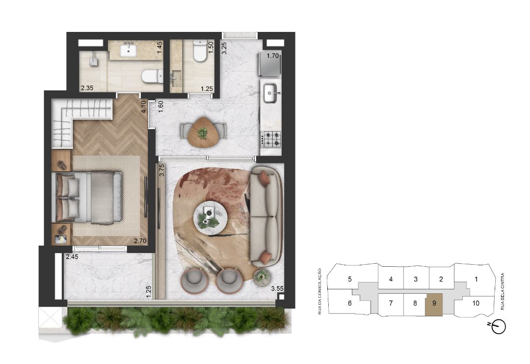 Planta Padrão 56 m² | 1 Suíte 