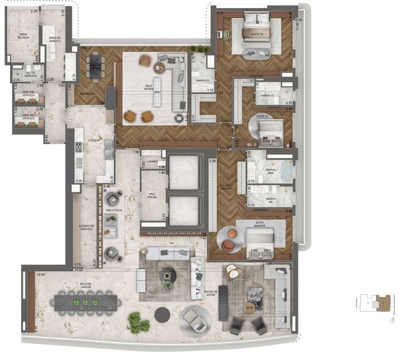 Planta Opção 04 - 464,5 m² | 3 Suítes + Sala Íntima e Sala Social Ampliadas + Bibloteca (Final 02)