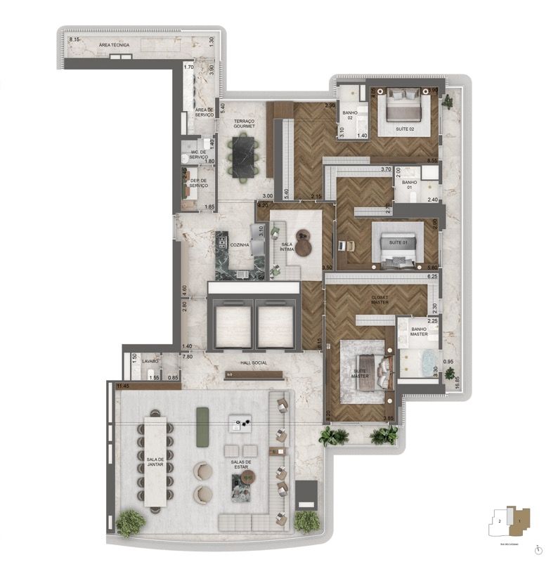 PLANTA OPÇÃO 1 395 M² | 3 SUÍTES + SALA ÍNTIMA