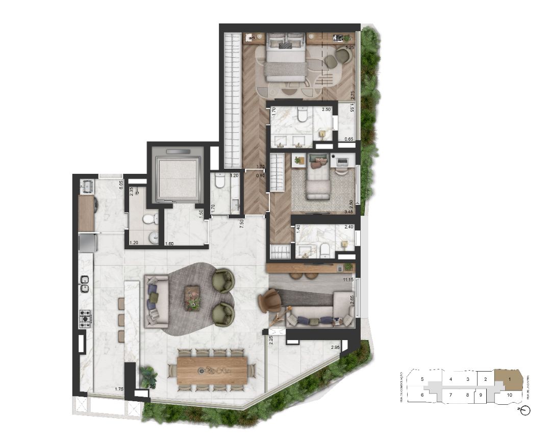 Planta Opção 147 m² | 2 Suítes + Sala Ampliada 