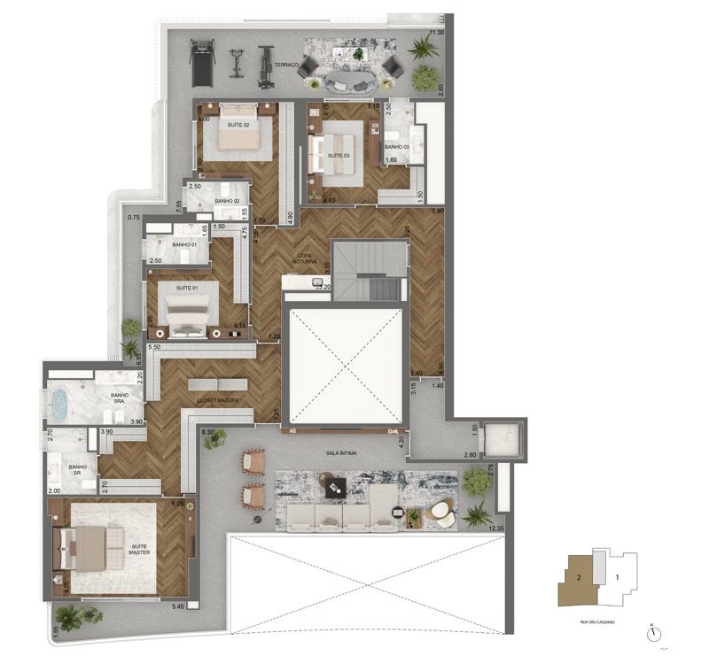 PLANTA PADRÃO PENTHOUSE | PAVIMENTO SUPERIOR 708 M² | 4 SUÍTES + TERRAÇO ÍNTIMO