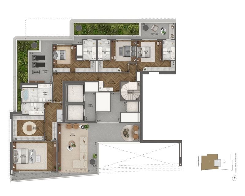Planta Padrão Casa 48º Pav | Pavimento Superior 789 m² | 4 Suítes + Terraço Íntimo (Final 01)