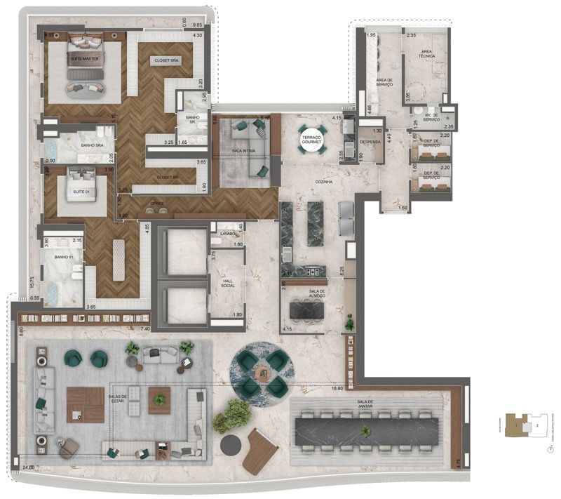 Planta Opção 3 - 515 m² | 2 Suítes + Sala Íntima + Sala Ampliada (Final 01)