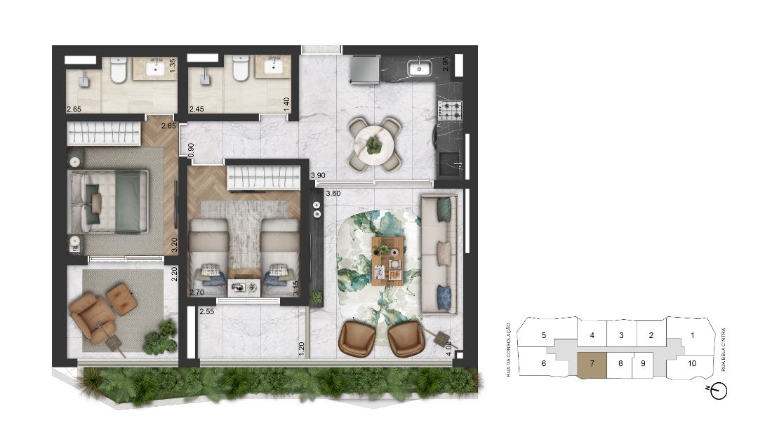 Planta Padrão 82 m² | 2 Dorms 