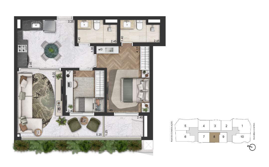 Planta Padrão 71 m² | 2 Dorms 