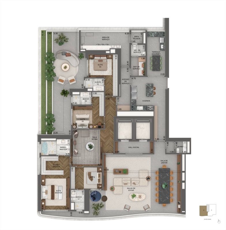 PLANTA PADRÃO GARDEN 404,5 M² | 4 SUÍTES + SALA ÍNTIMA