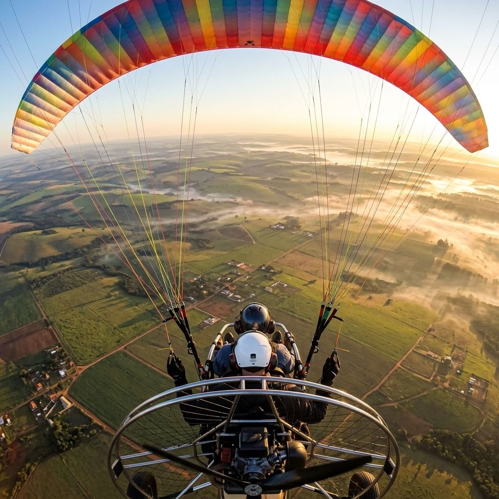 Vista superior da parte de trás de um voo duplo de paratrike em Boituva