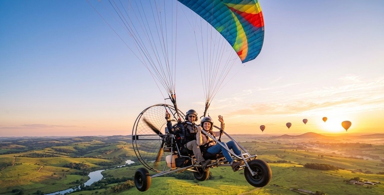duas pessoas em um voo duplo de paratrike, a paisagem ao fundo é da cidade de Boituva num pôr do sol com balões voando próximo 
