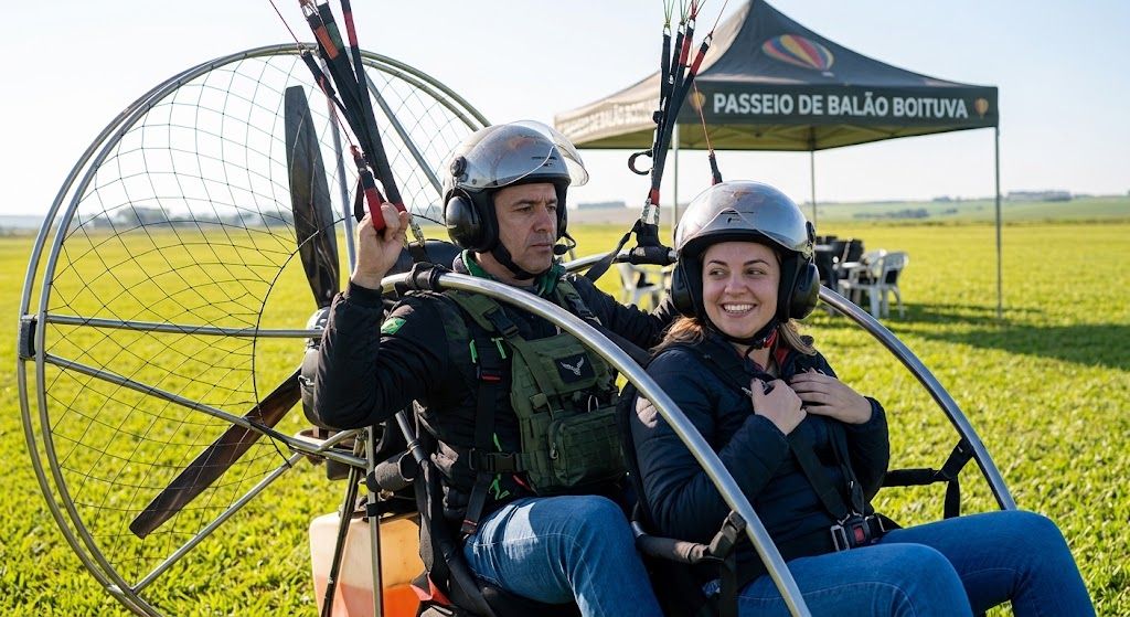 instrutor e passageiro se preparando para decolar de paratrike numa pista gramada