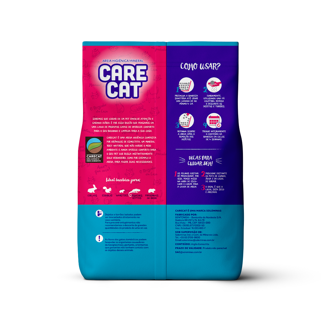 Areia higiênica para gatos CareCat Perfumada 10kg – bentonita sódica, torrões firmes e controle de odores