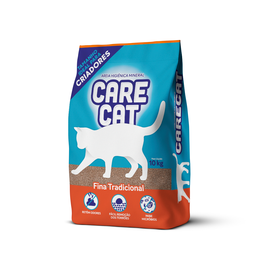 Areia higiênica para gatos CareCat Fina Tradicional 10kg – bentonita sódica, torrões firmes e controle de odores