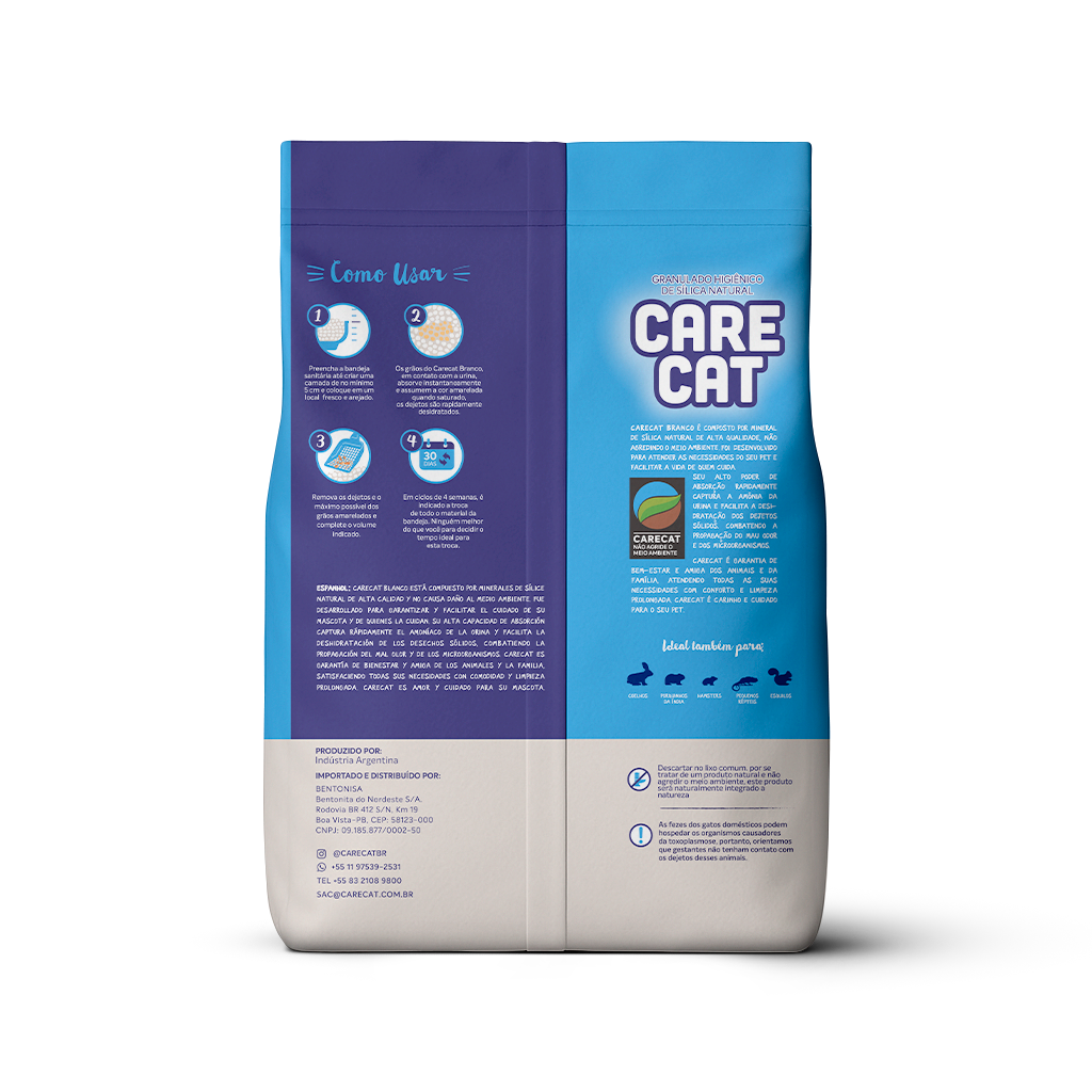 Areia higiênica para gatos CareCat Branco 1,8kg – sílica natural, leve, não aglomerante e com pH neutro