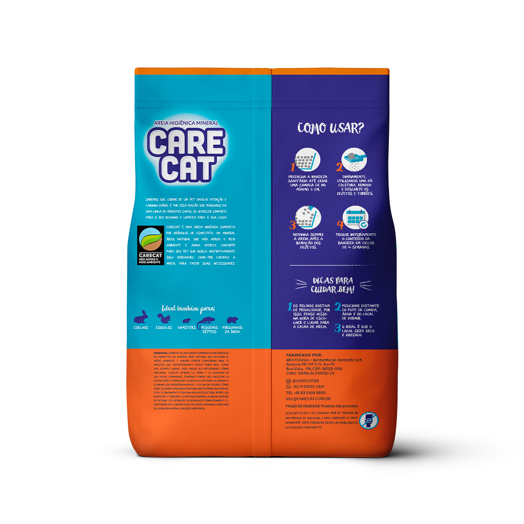 Areia higiênica para gatos CareCat Fina Tradicional 4kg – bentonita sódica, torrões firmes e controle de odores
