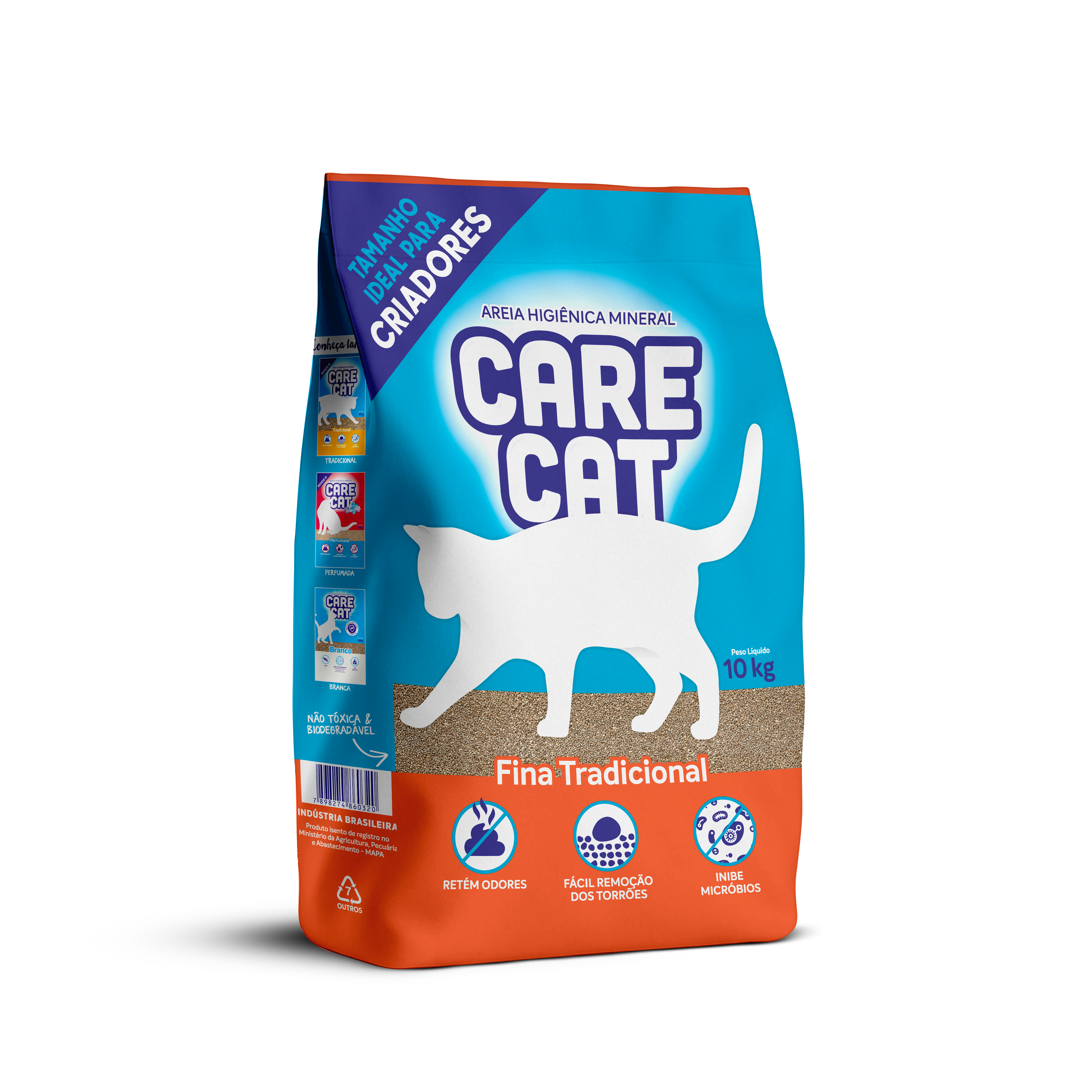 Areia higiênica para gatos CareCat Fina Tradicional 10kg – bentonita sódica, torrões firmes e controle de odores
