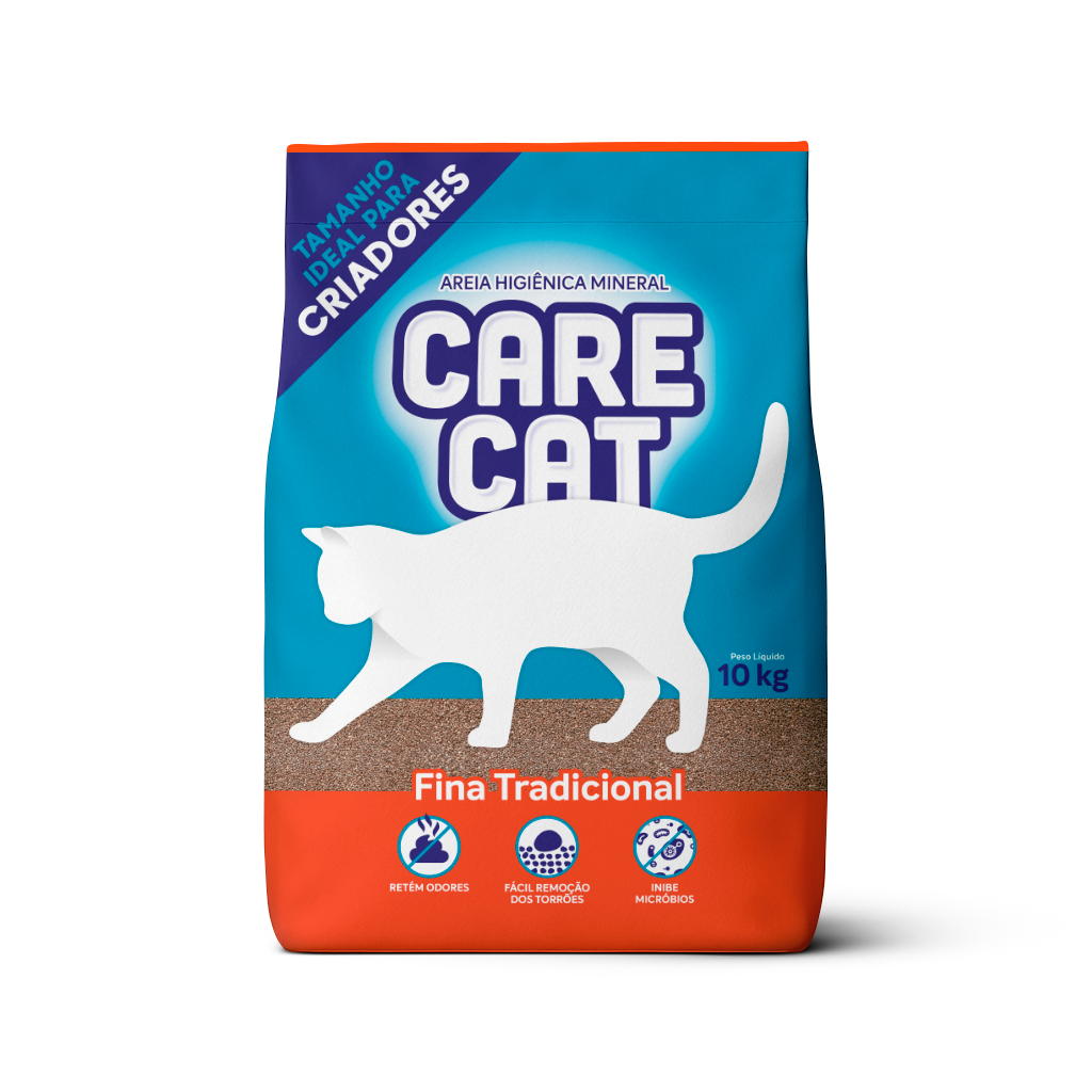 Areia higiênica para gatos CareCat Fina Tradicional 10kg – bentonita sódica, torrões firmes e controle de odores