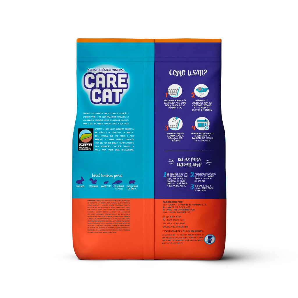 Areia higiênica para gatos CareCat Fina Tradicional 10kg – bentonita sódica, torrões firmes e controle de odores