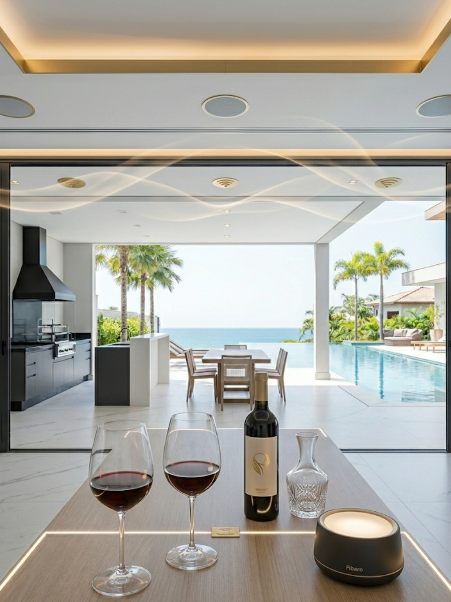 Close-up de taças de vinho em mesa de jantar elegante com luz quente e música suave, sugerindo o bloco de ambiente e harmonia.