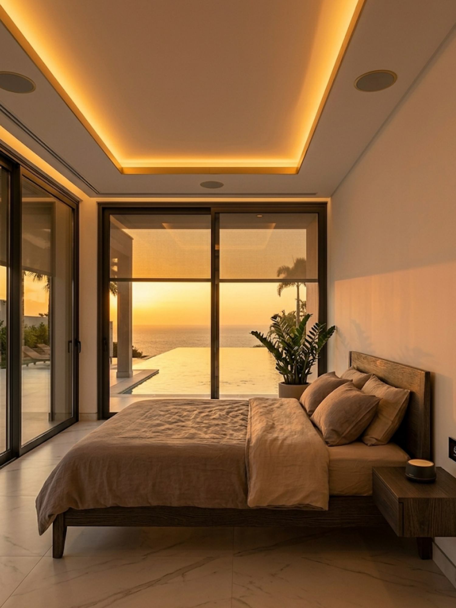 Quarto de casal minimalista de luxo com iluminação âmbar suave e quente de pôr-do-sol, induzindo ao relaxamento.