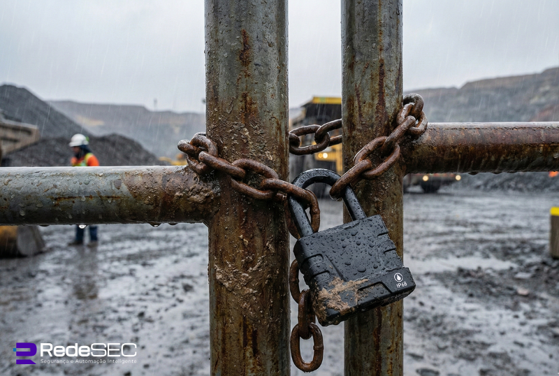 Operação de mineração em ambiente severo com poeira e lama, exigindo equipamentos de segurança com grau de proteção IP68.
