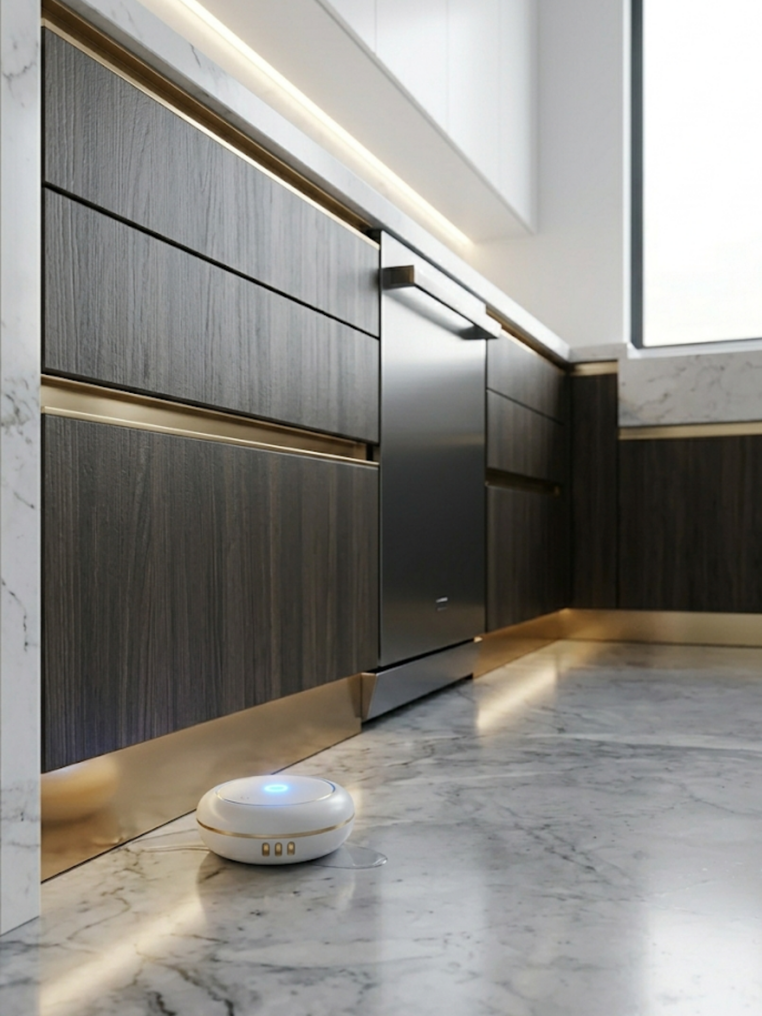 Sensor de inundação Fibaro Z-Wave posicionado discretamente sob móvel de cozinha de luxo, com LED azul indicando proteção ativa.